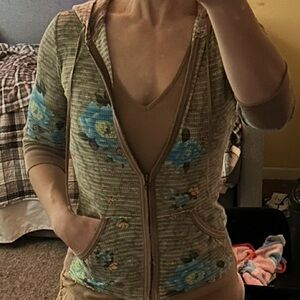 Free People Floral Textured 3/4 Sleeve Hooded Full Zip Top sz XSmall